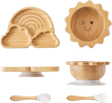 Bamboo Suction Plates Bowls Set for Baby Toddler Divided Platter Food bowl with Silicone Fork & Spoon All-Natural