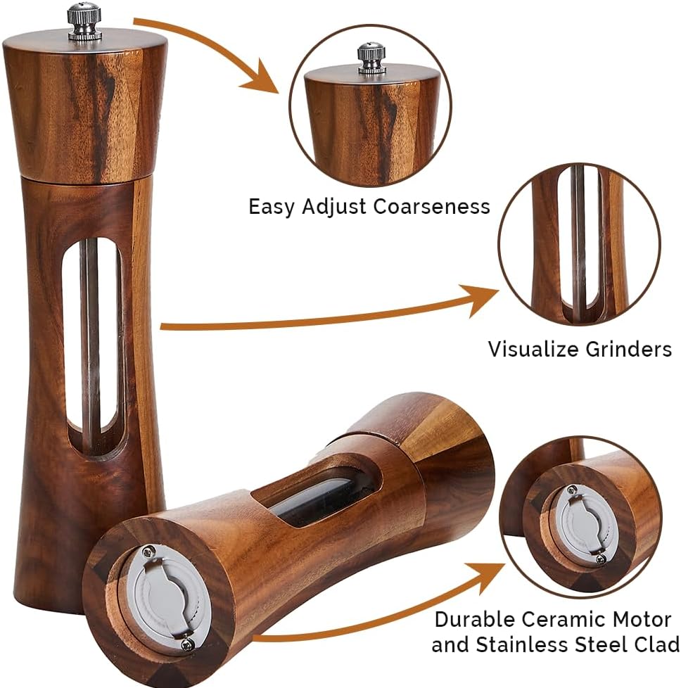 Wooden Salt and Pepper Grinder Set with Tray, 8 Inch Manual Salt & Pepper Shakers with Adjustable Coarseness, Salt - Set of 2