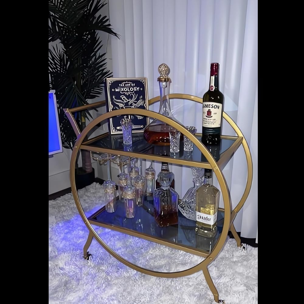 Round Gold Bar Cart 2 Mirrored Shelves Bar Serving Cart with Wheels and Glass Holder, Mobile Wine Cart for The