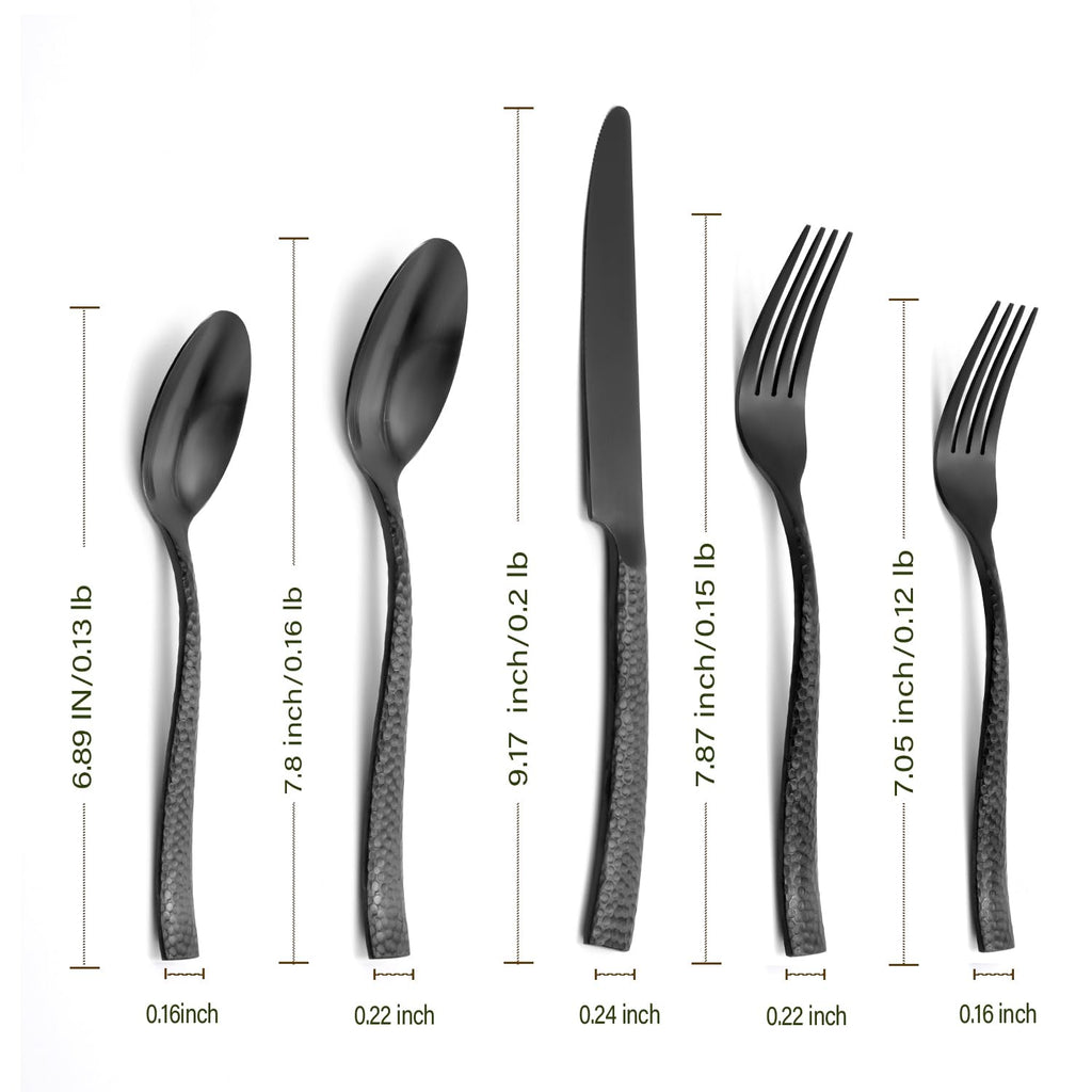 Matte Black Silverware Set Hammered 20 Pieces Service for 4