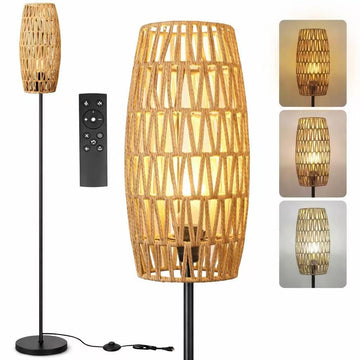 Floor Lamp, Farmhouse Floor lamp, Modern Standing lamp with Hand-Worked Rattan Shade (Drum Shade-with Remote)