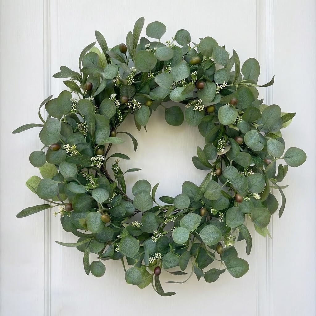 24 Inch Eucalyptus Wreath for Front Door, Large Artificial Greenery Wreaths with Olive Leaves and Berries, Farmhouse