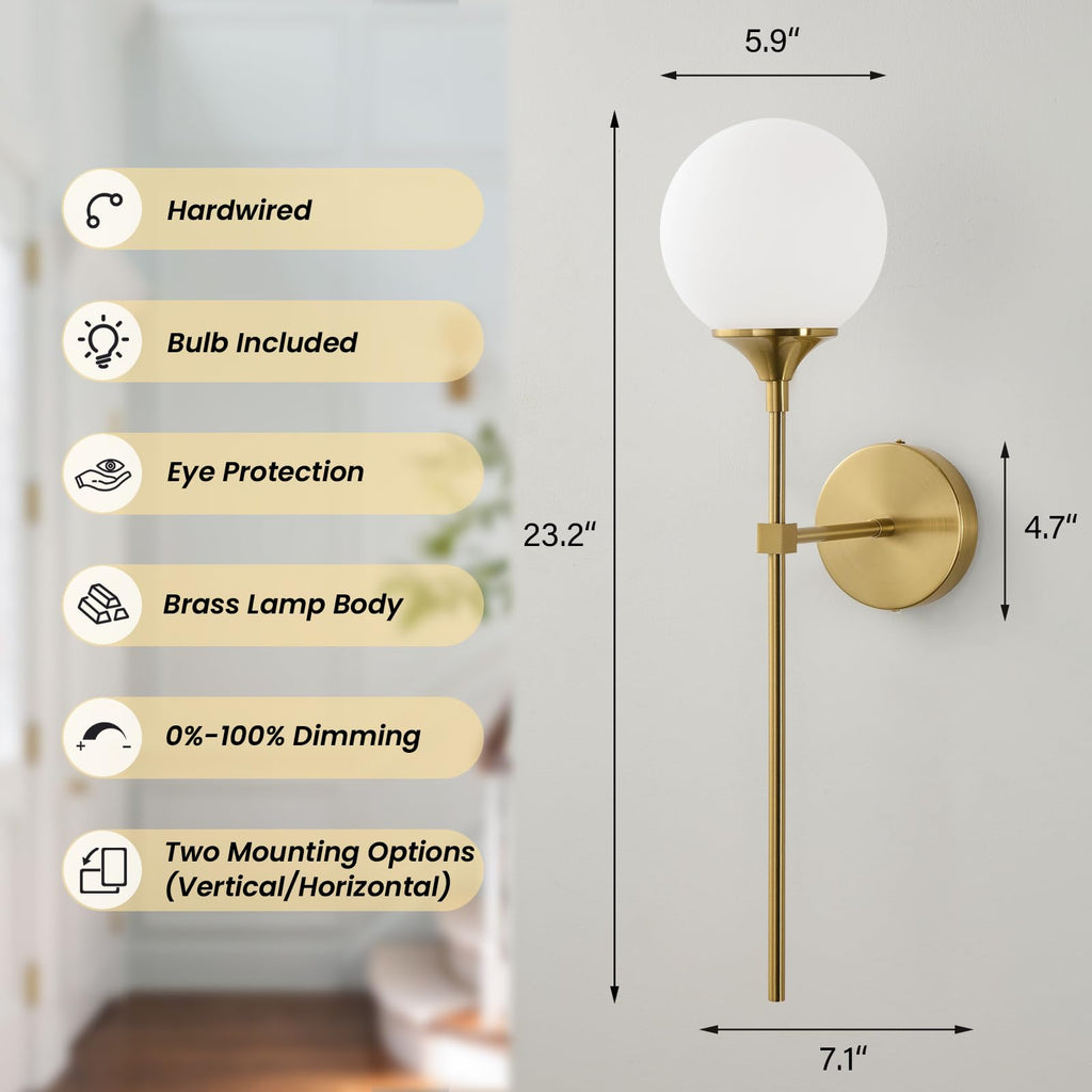 Mid Century Globe Wall Sconce: Set of 2 Brass Bathroom Milk Glass Lights