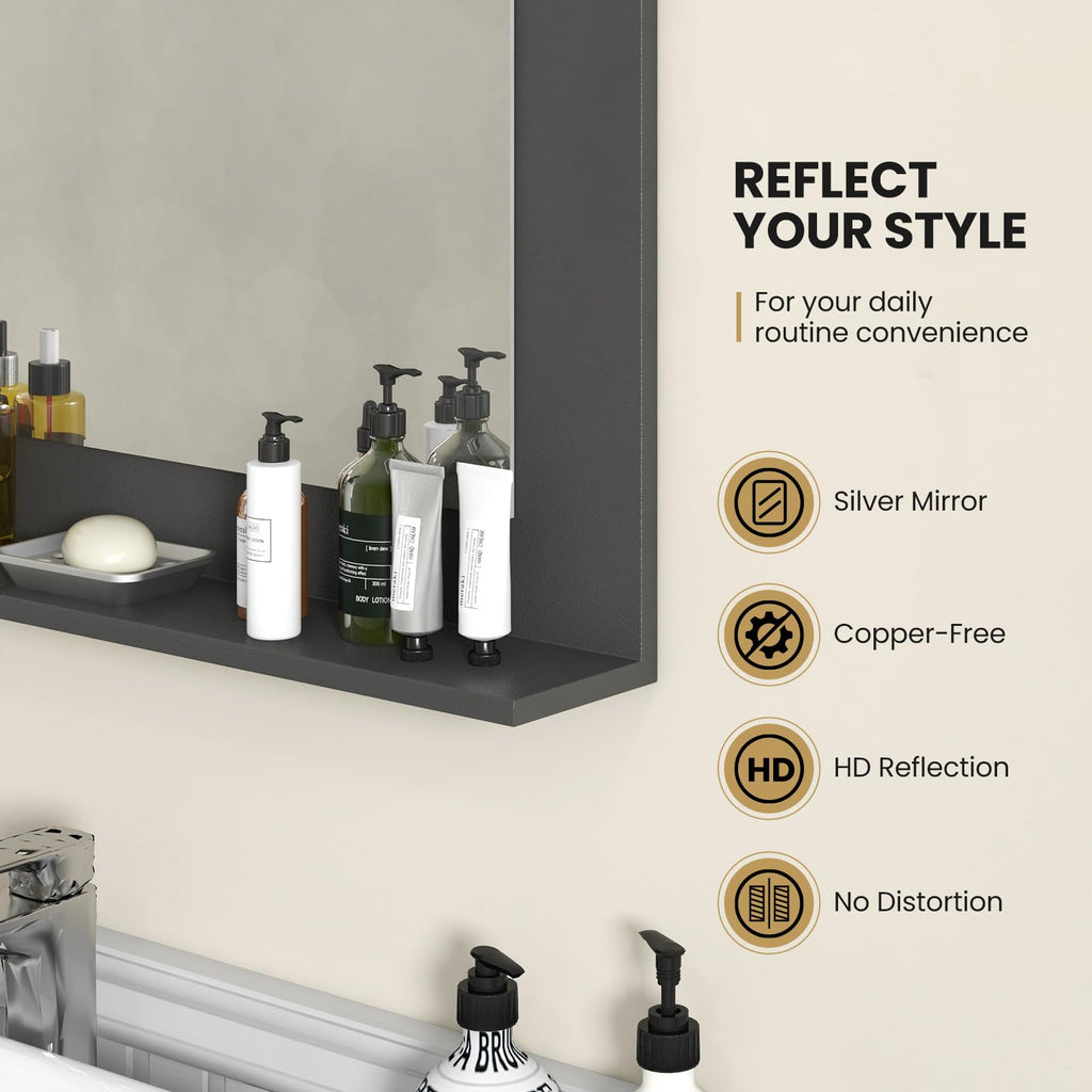 Bathroom Mirror with Shelf, 23.5" x 17.5" Rectangle Wood Frame Bathroom Vanity Mirror for Over Sink, Wall Mounted