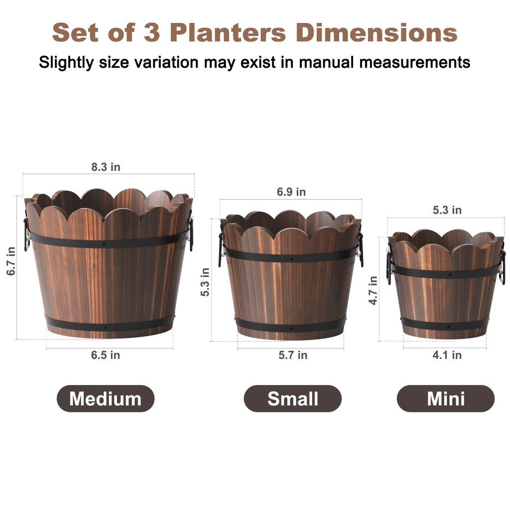 Wooden Bucket Barrel Planters, Rustic Patio Planters Flower Pots for Plants Indoor Décor, Set of 3