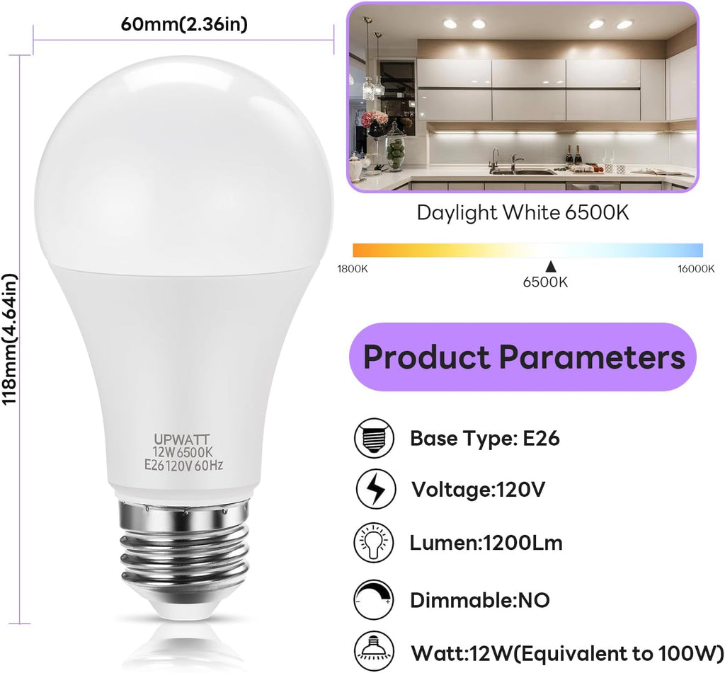 LED Light Bulbs 100 Watt Equivalent, A19 Daylight 6500K 12W 10 Packs