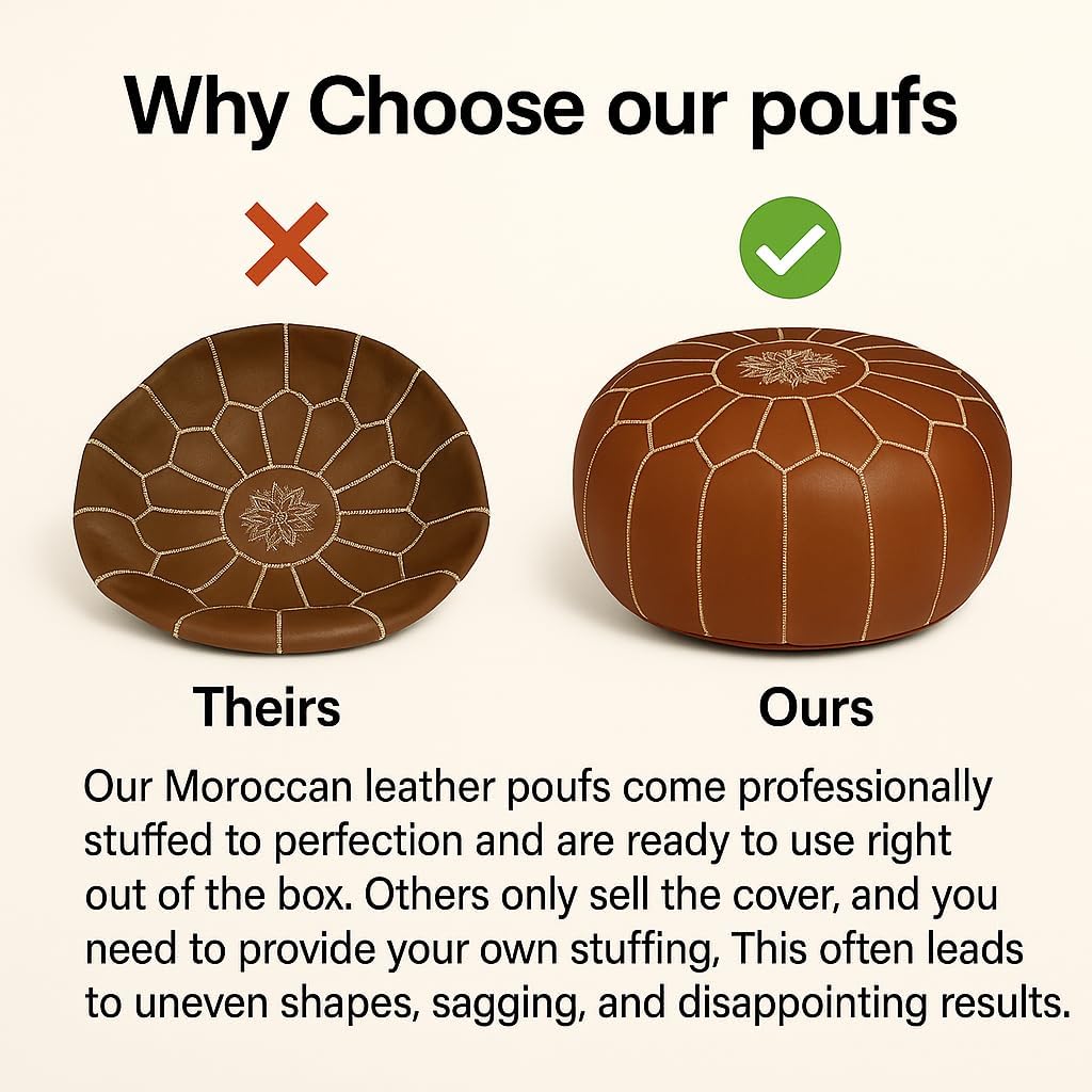 Stuffed Round Design Pouf Ottoman, Pre-Filled, 100% Genuine Leather, 13" Height x 20" Diameter, Footstool & Living