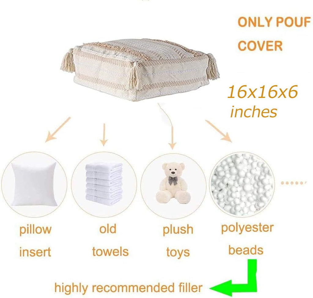 Boho Ottoman Square Footstool Pouf Cover - Unstuffed Tufted Woven Seat with Tassels for Storage and Decor