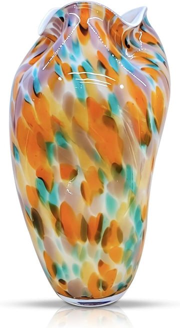 Murano Style Glass Vase, Hand Blown Decorative Art Vase with Ruffled Opening for Flowers, Shelf Tabletop Mantel
