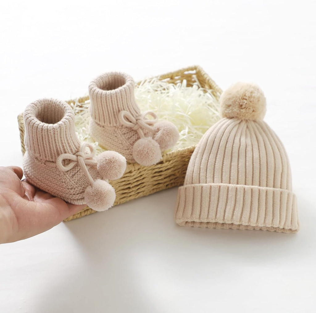 Baby Hats and Booties Set Knit Pompom Beanie Caps Shoes Winter
