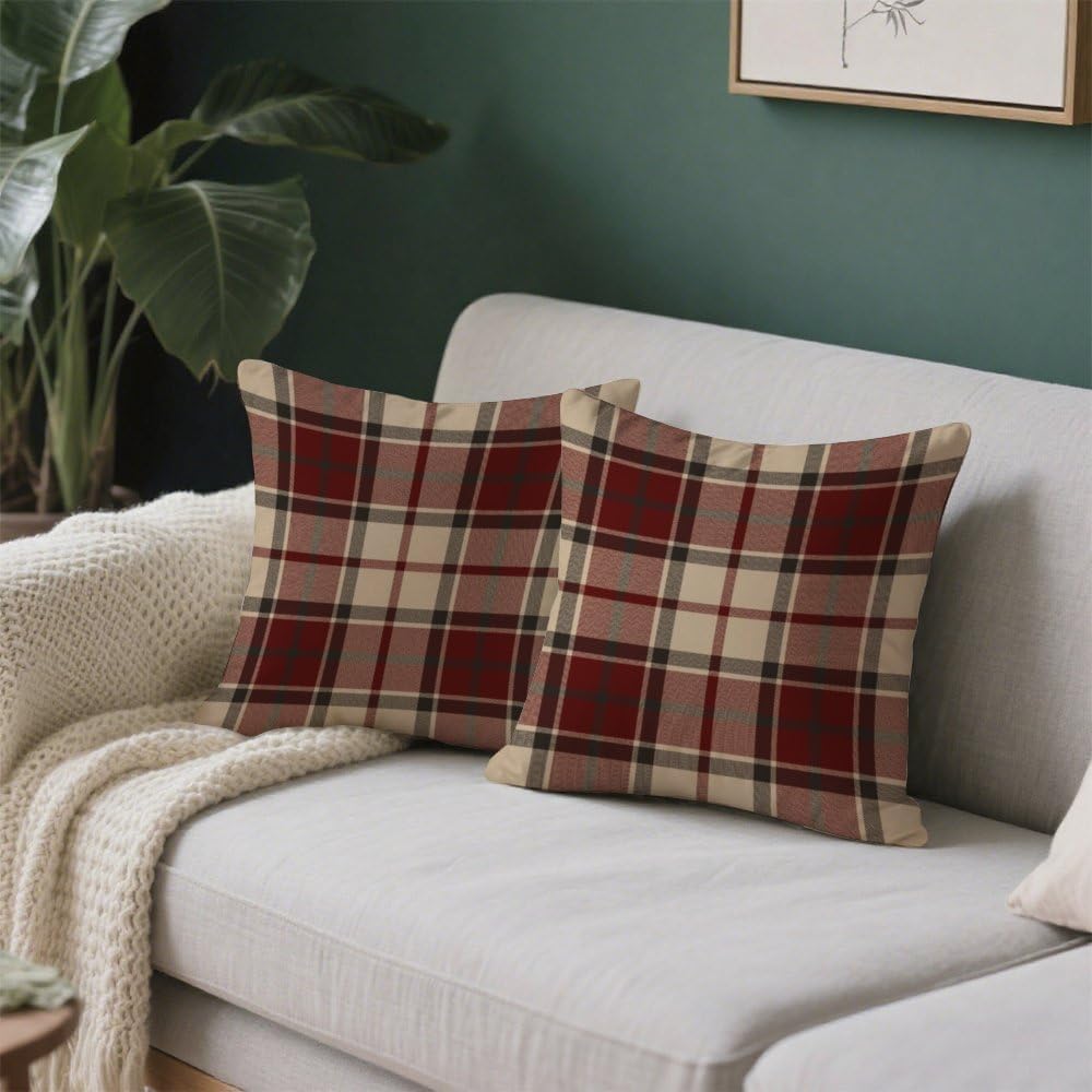 Burgundy Beige Tartan Plaid Winter Throw Pillow Covers 18X18 Cute Pillow Cases Pillowcase Couch Cushions - Set of 2