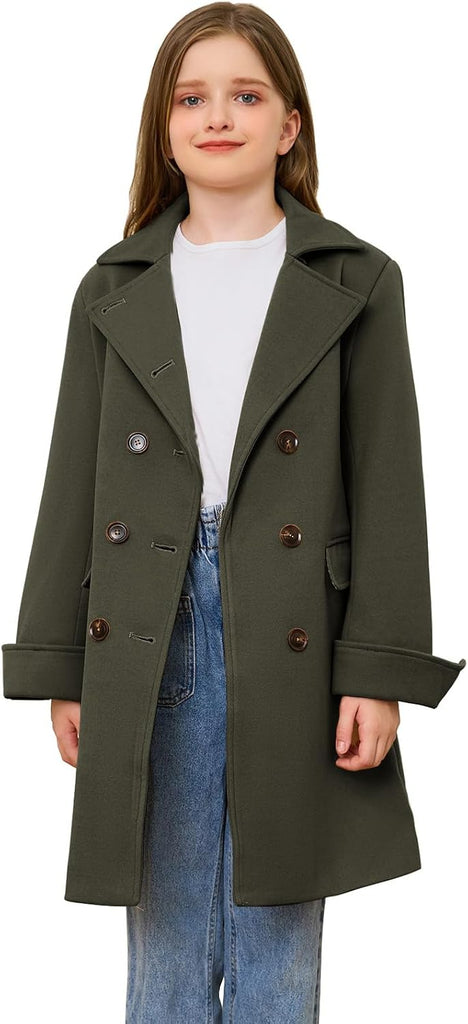 Girls Coat Double Breasted Notched Collar Wool Blend Long Trench Coat Winter Warm Peacoat Dress Coat with Pockets