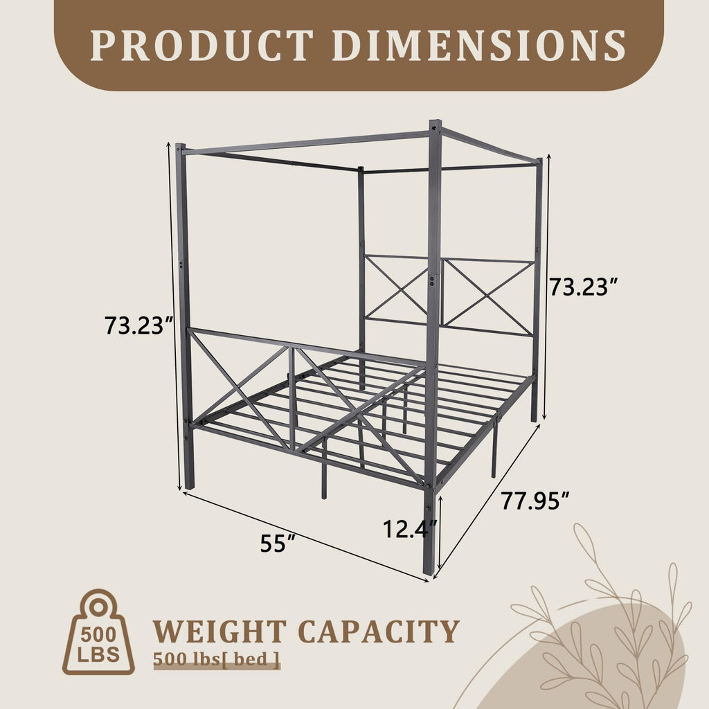 Full Canopy Bed Frame, Metal Canopy Beds with 4 Poster Design and Geometric Accented Headboard and Footboard, No Box