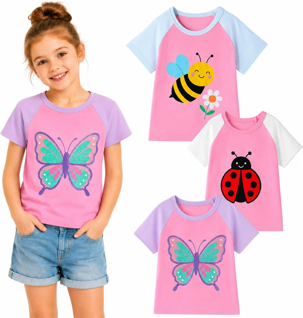 Toddler Girls Graphic T Shirts 3 Pack 100% Cotton Cute Spring Summer Short Sleeve Tees Soft Breathable Tops