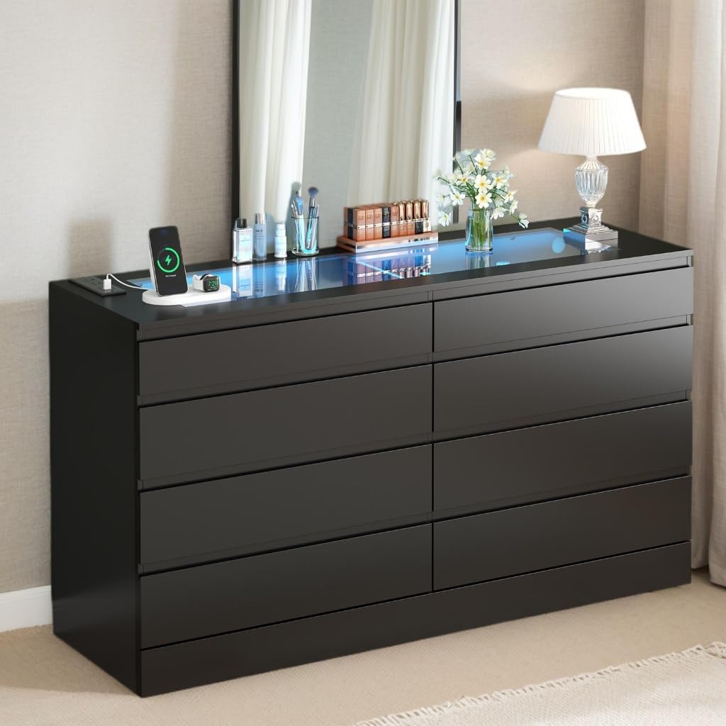 8 Drawer Dresser, White Dresser with Power Outlet & LED Lights