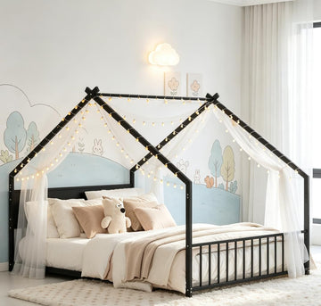 House Floor BedFrame with Slats for Kids, Metal House Bed with high headboard, Black with roof and Lights