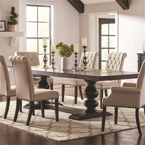Extendable Dining Table, 30" H x 94.75"-122.75" L x 42" W, Hardwood Construction, Antique Noir Finish, Trestle Base