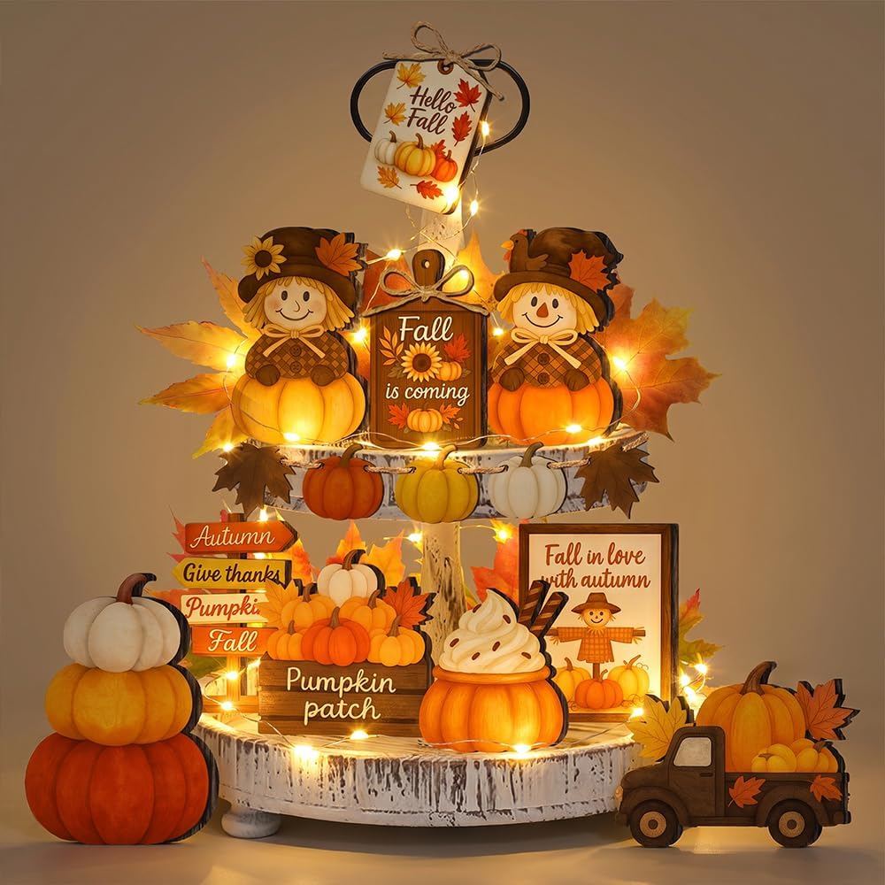 Self-Standing Fall Tiered Tray Decoration Set - Set of 18