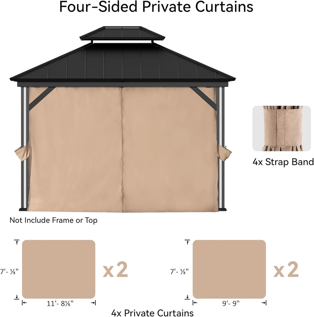Gazebo Curtain Replacement Universal 4-Panel Sidewalls 10' x 12', Outdoor Gazebo Privacy Curtains with Zipper