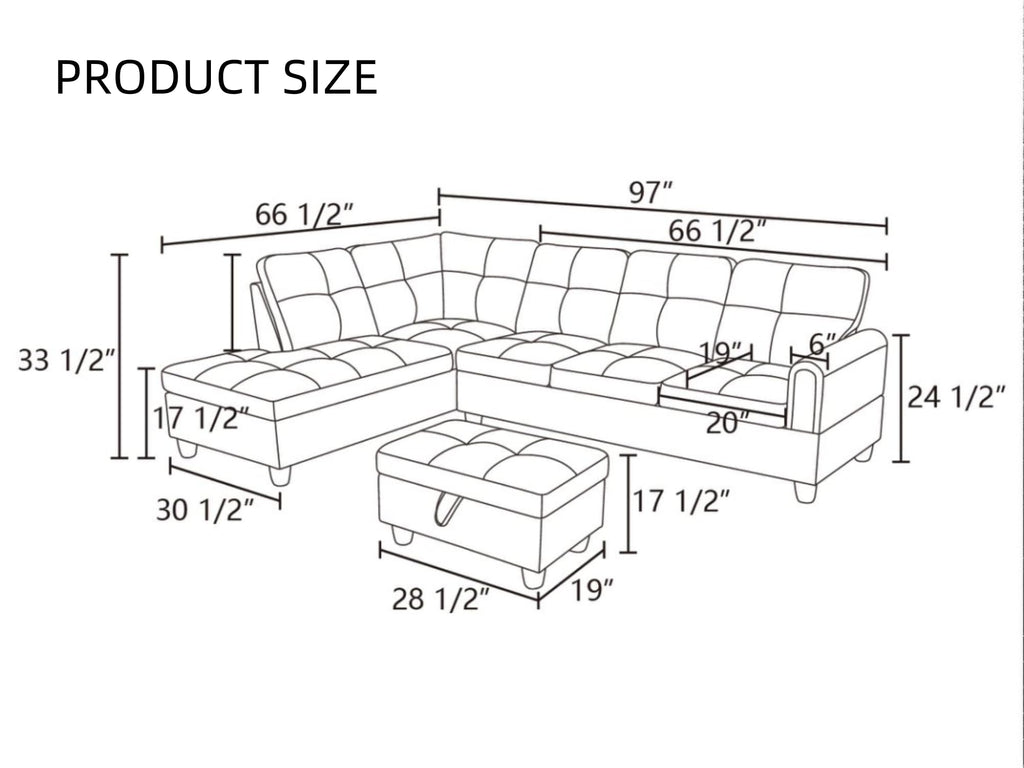 97" L-Shaped Sectional Sofa with Movable Chaise & Storage Ottoman, Leather 3-Piece Modular Convertible Couches, Black