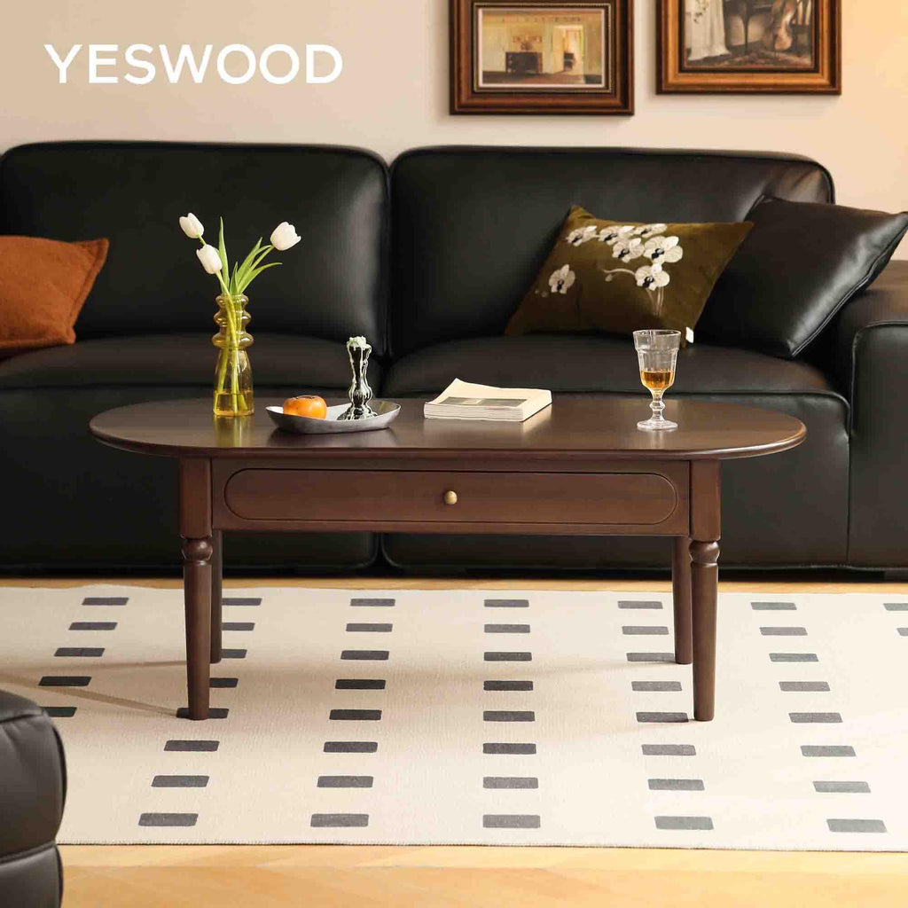 Solid Wood Coffee Table with Drawer, Retro Coffee Table with Vintage Detailings, Large Rectangular Living Room