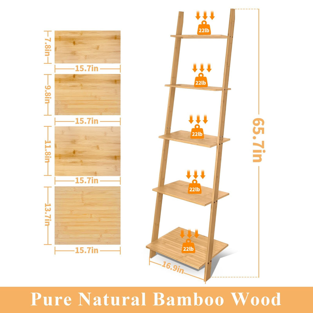 Wall Leaning Ladder Shelf Bookcase, 5-Tier Bamboo Storage Rack Shelvest, FreeStanding Plant Stand, Corner Display