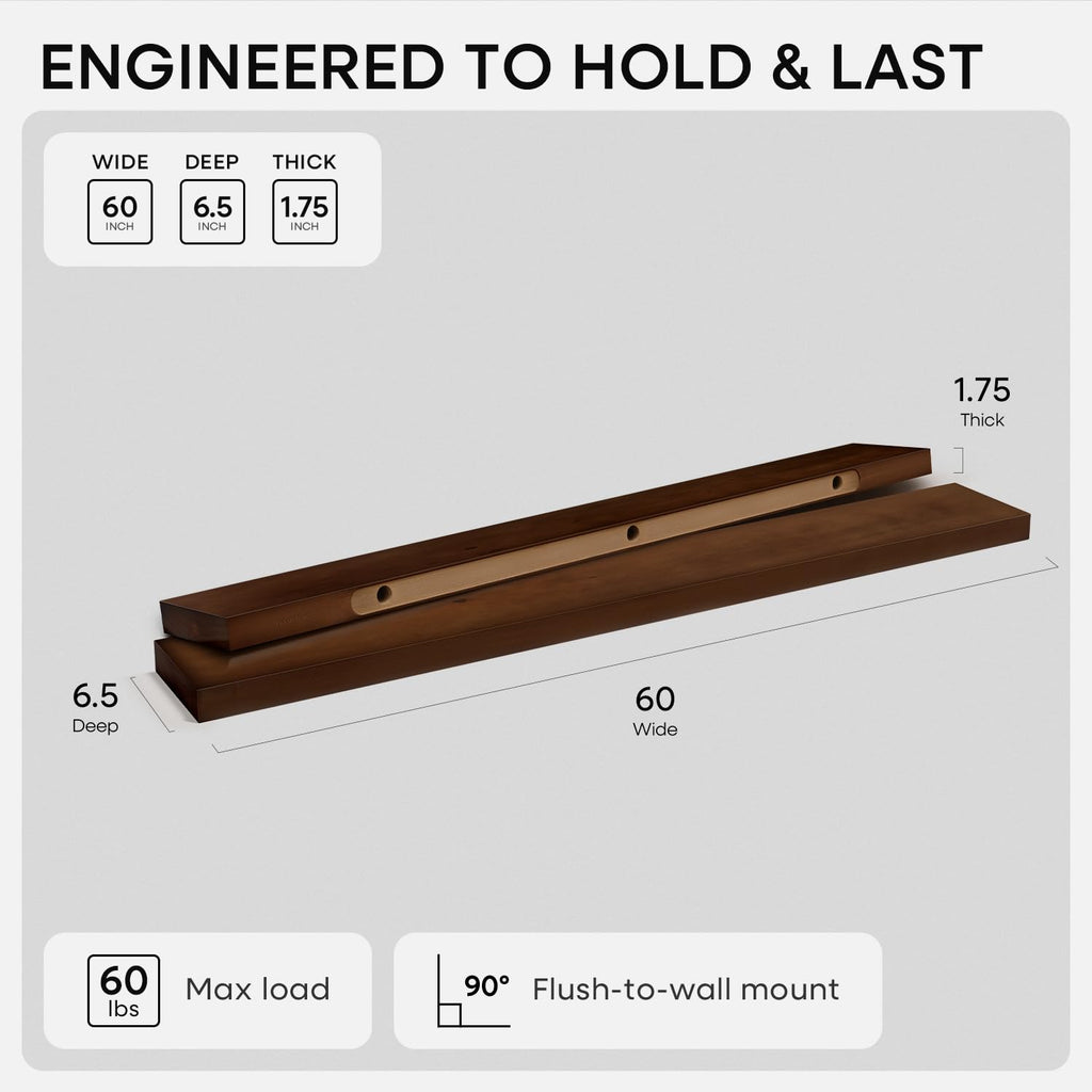 60 Inch Floating Shelves, High-End Solid Pine Wood, Set of 2