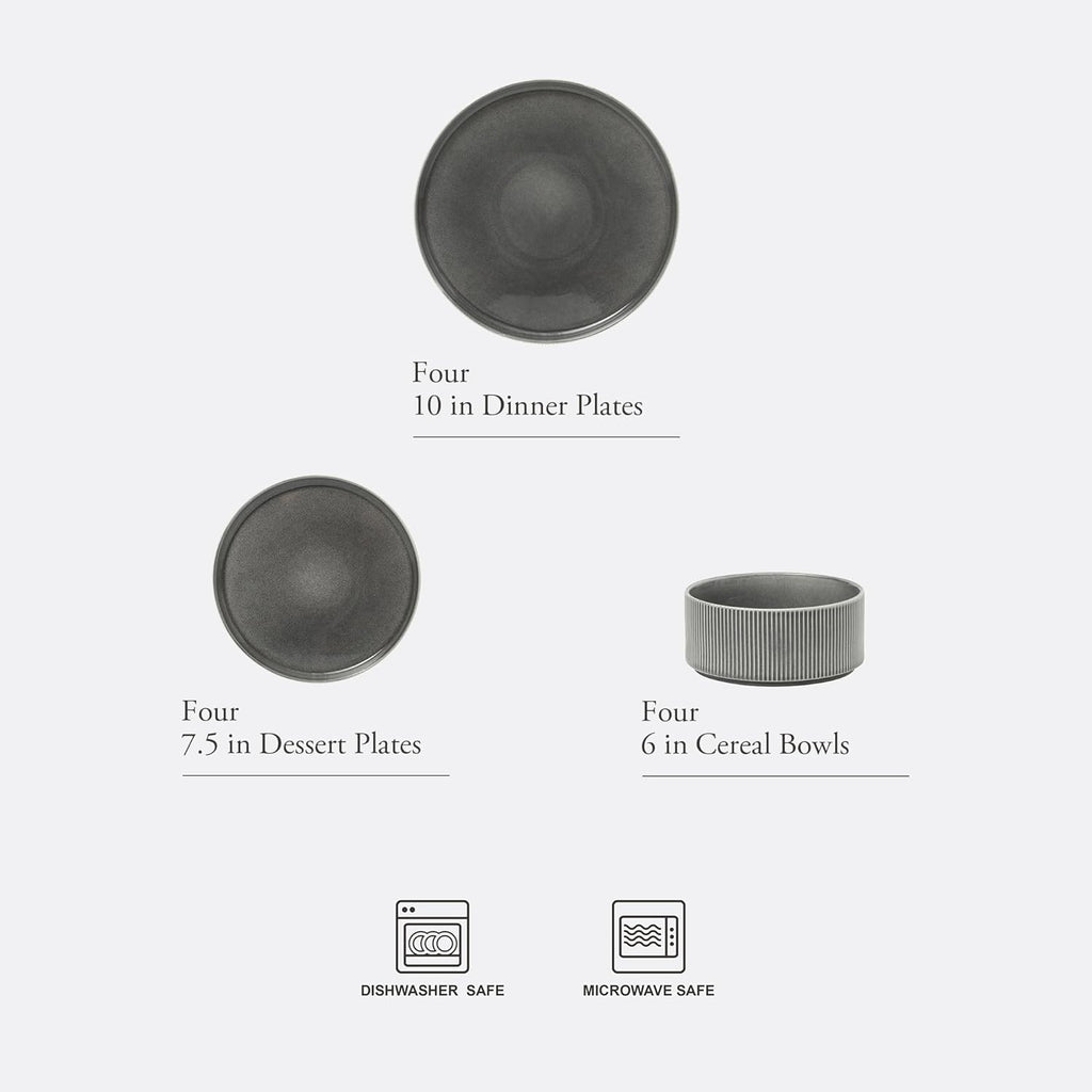 Solana Coast 12 Piece Stoneware Reactive Glaze (Service for 4) Ceramic Plates and Bowls Modern Shape Embossed