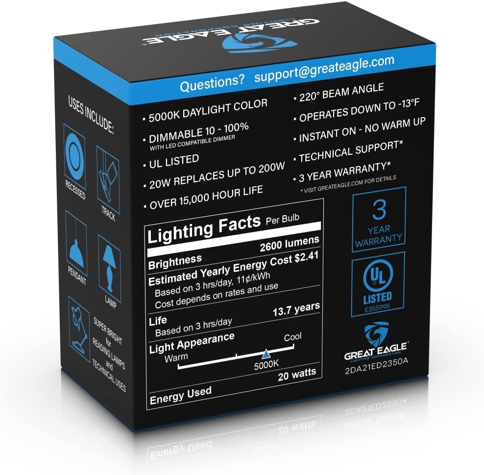 Super Bright LED Light Bulb 150W-200W Equivalent Dimmable 5000K Daylight UL Listed (2-Pack)