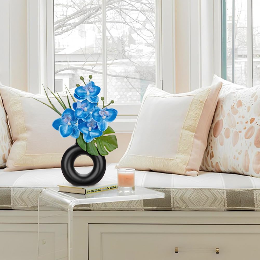 2PCS Blue Orchid Fake Flowers in Black Ceramic Pot Silk Orchid Floral Arrangement Faux Orchid Plant Room Shelf Table
