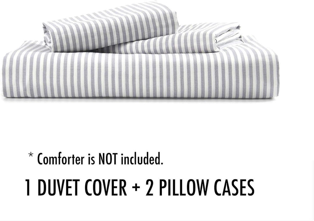 Striped Cotton Duvet Cover Set, Ticking Stripe Pinstripe Farmhouse, 100% Cotton Bedding Set, 3 Pieces, Gray White, King