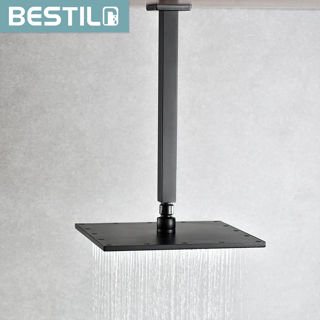 12 Inch Matte Black Ceiling Mount Shower Arm and Flange, Square Rain Shower Arm