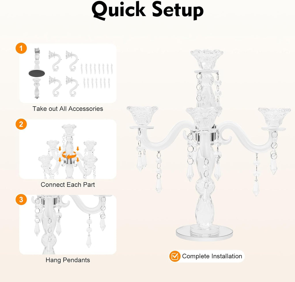 5-Arm Crystal Candelabra with Pendant, Elegant 14'' Tall Crystal Glass Candle Holder with Stable Base, Romantic Table