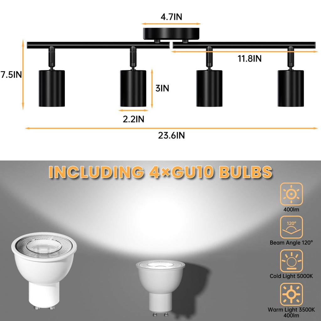 4 Light Track Lighting Kit, 23.6" 4 Way Ceiling Spotlights Fixture