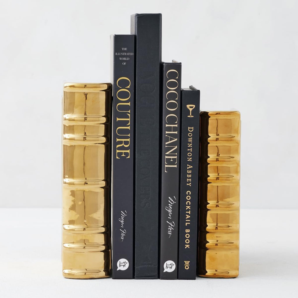 Ceramic Book Set of 2, Gold | Pair of Books Sculptures, Elegant Shelf & Table Decor