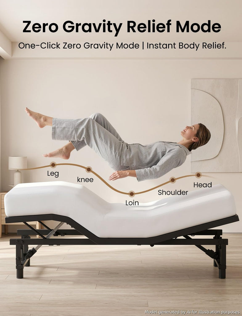 Queen Size Adjustable Bed Frame with Wireless Remote, Zero Gravity & Head & Foot Incline, Heavy-Duty Steel Frame