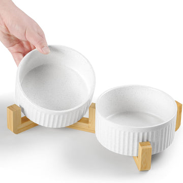 Non-Slip Ceramic Dog Bowls with Wood Stand, 6" Dog Food and Water Bowl Set with Silicone Base, 32 OZ/4 Cups Weighted
