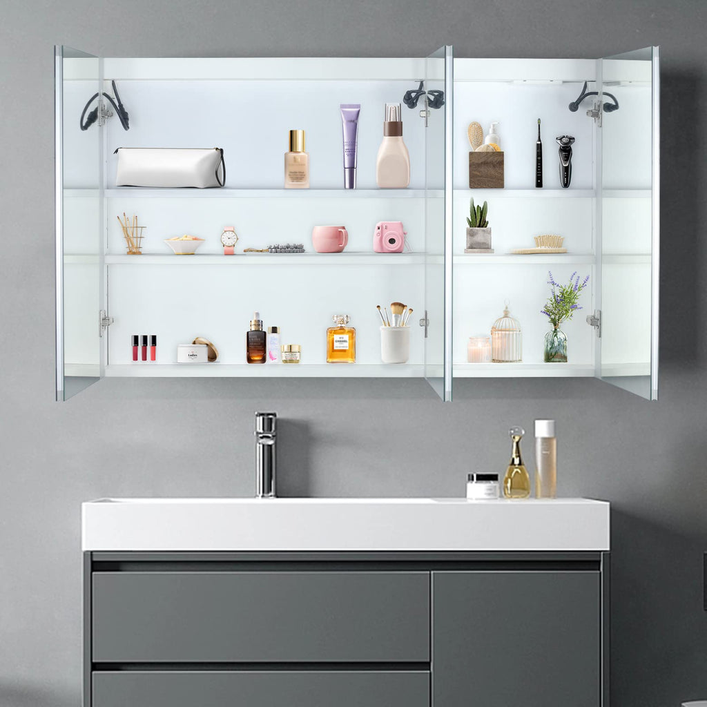 White 3‐Door Bathroom Medicine Cabinet with LED Mirror
