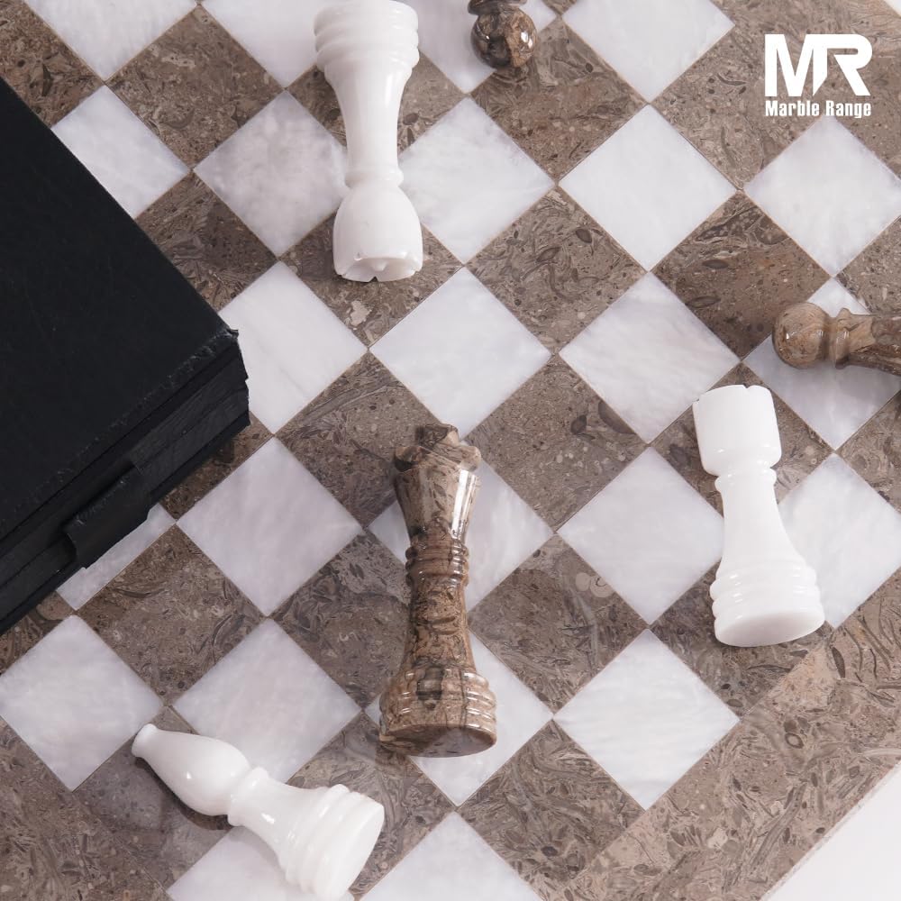 Marble Chess Set 15 Inch Oceanic and White Handmade Board Game with Storage Box, Classic Travel Chess Set for Adults