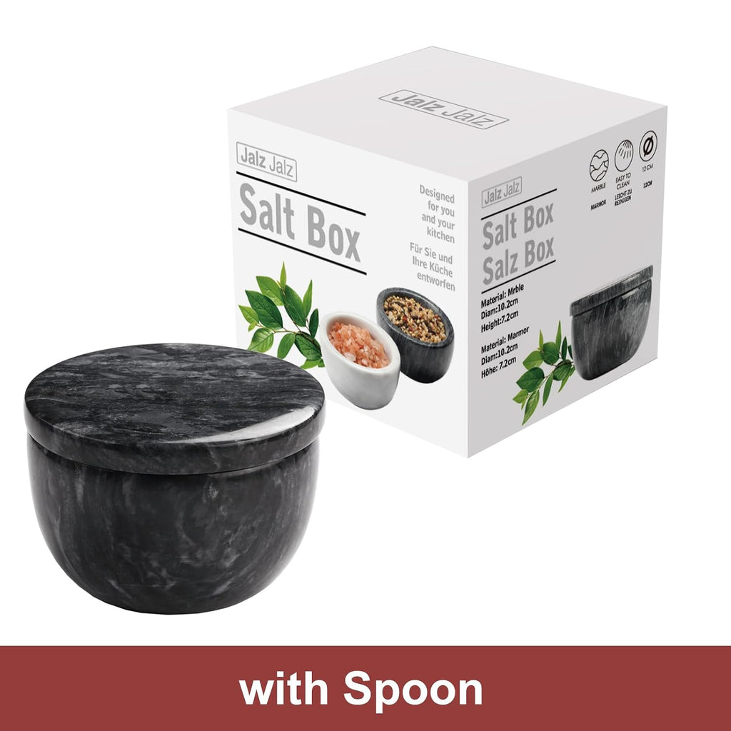 Black Marble Salt Cellar with Lid, Large 10oz Spice Keeper Pot with spoon