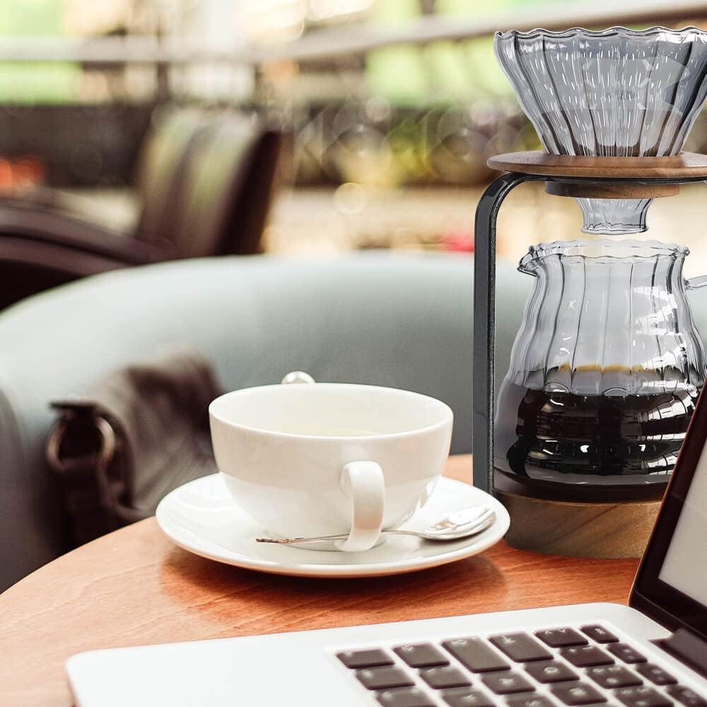 Pour Over Coffee Station Dripper Stand Coffee Filter Wooden Filter Holder Glass Server with Paper Coffee Filters