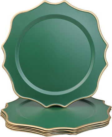 Green Chargers for Dinner Plates, 13 Inch Scalloped Plastic Decorative Table Charger Service Plates Set of 6