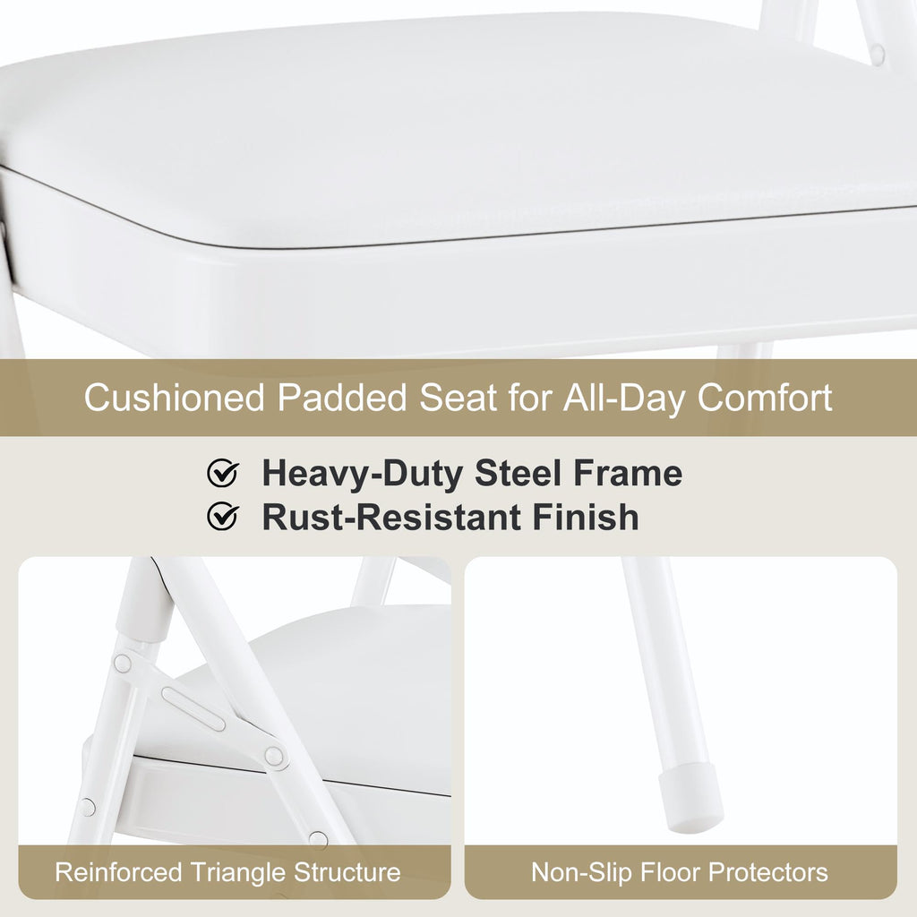 Folding Chairs Set of 2, Faux Leather Padded, White