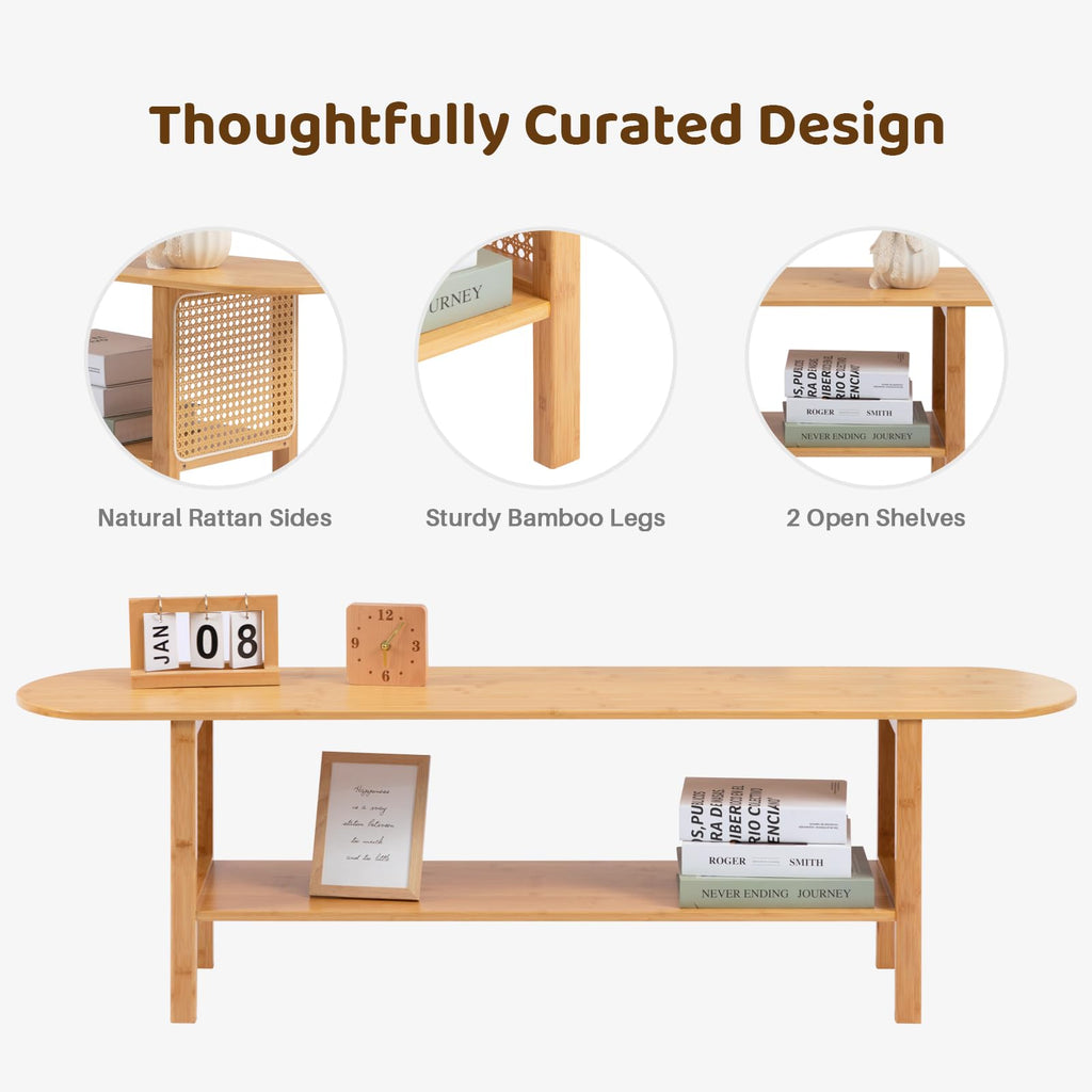 Bamboo TV Stand with Storage for TVs up to 65", Modern Entertainment Center with Rattan Side, Accent TV Table with 2