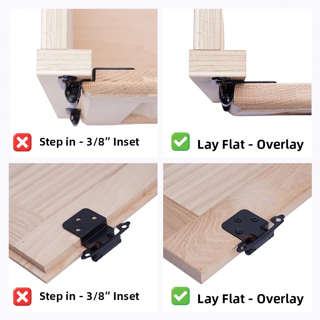 1/2" Overlay Matte Black Cabinet Hinges (2 Pair -4 Pcs) Self Closing Bath & Kitchen Cabinet Hinges Black Flush Mount