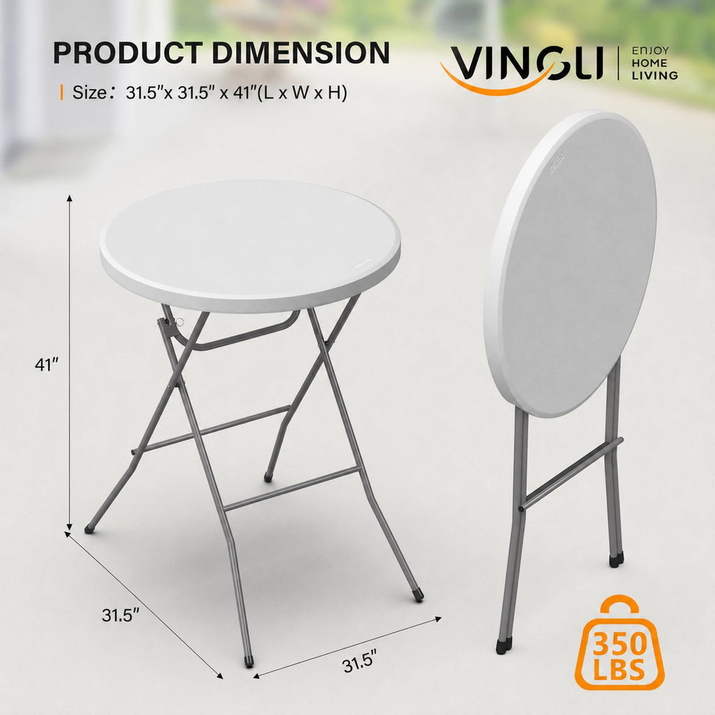 32" Plastic Folding Round Table Bar Height, HDPE Matrial with Gray Metal Finish, High Top Table for Outdoor Party