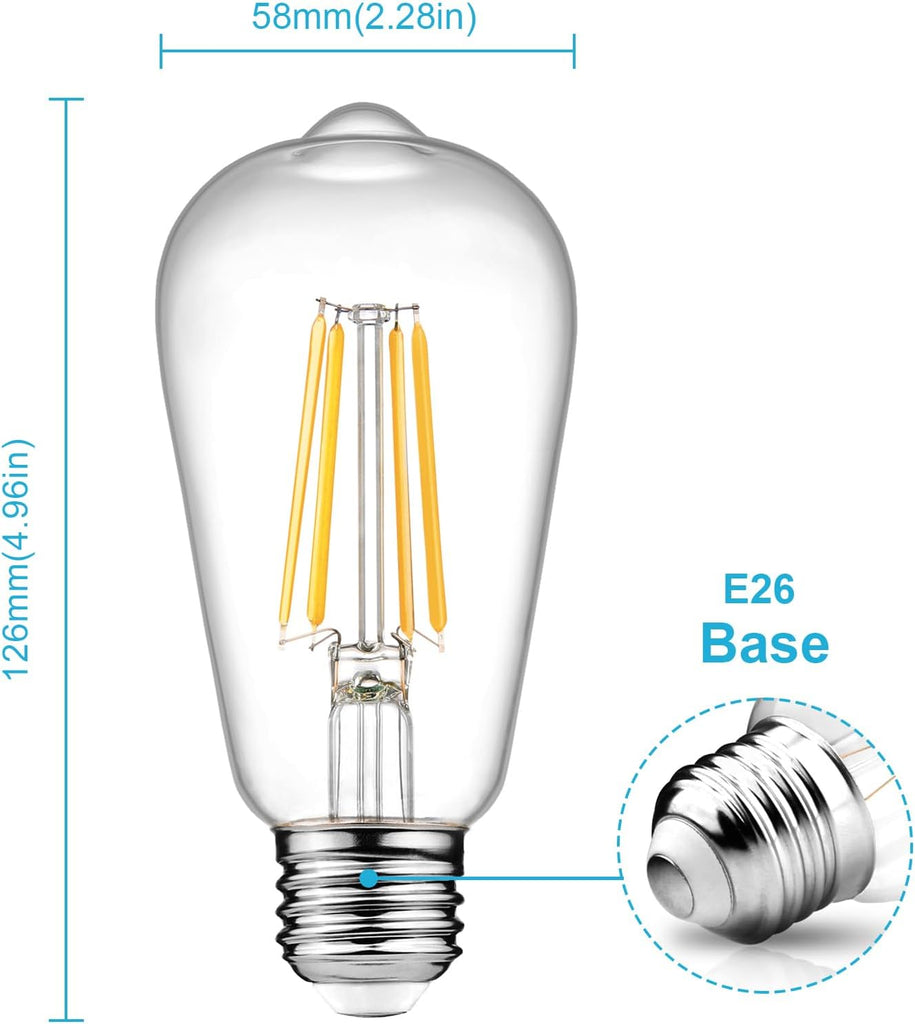 Dimmable Vintage LED Edison Bulbs, 6W, Equivalent 60W, 700lm, Warm White 2700K, 80+ CRI, ST58 Antique LED Filament