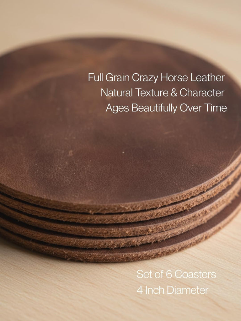 Real Natural Grain Leather Coasters - Durable Non-Slip Distressed Design for Table Protection in Home - Set of 6