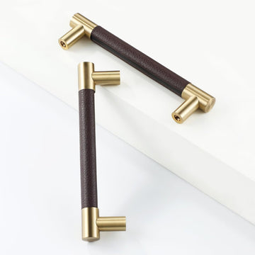 Brown Leather and Brass Gold Drawer Pulls Handles 5''CC,10 Pack