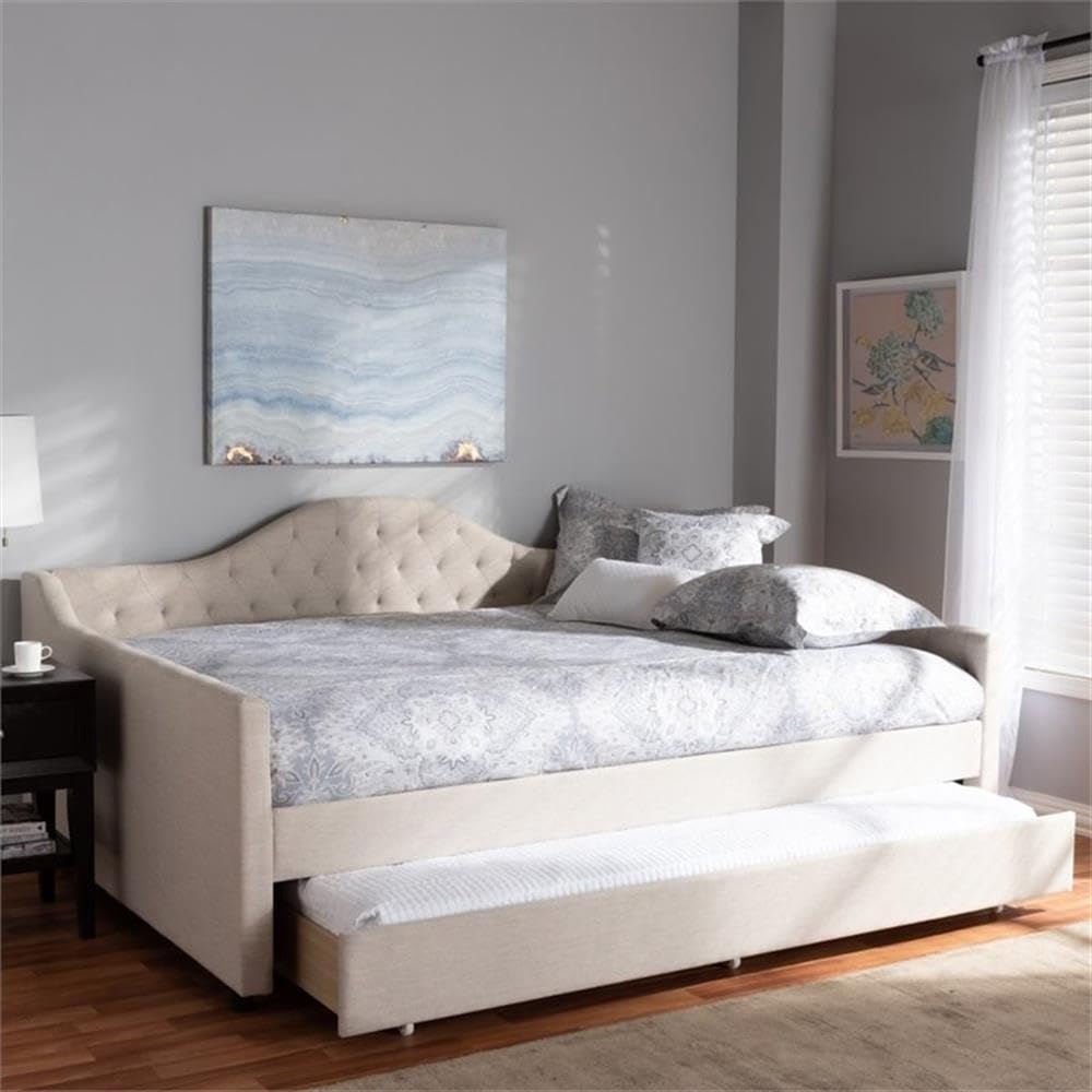 Eliza Tufted Queen Daybed with Trundle in Light Beige